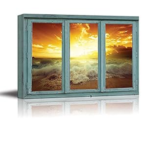 Golden Sunset Through The Clouds as Waves Crash onto a Tropical Beach - Canvas Art Home Art - 24x36 inches