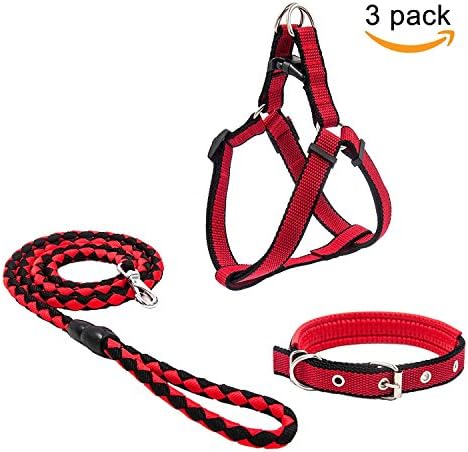 Beker Dog Leash Harness Collar Set,Durable Nylon Braided Leash No Pulling Adjustable Harness Soft Padded Collar for Small Dog/Puppy/Cat Red-Black(Pack of 3)