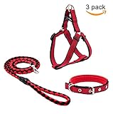 Beker Dog Leash Harness Collar Set,Durable Nylon Braided Leash No Pulling Adjustable Harness Soft Padded Collar for Small Dog/Puppy/Cat Red-Black(Pack of 3)
