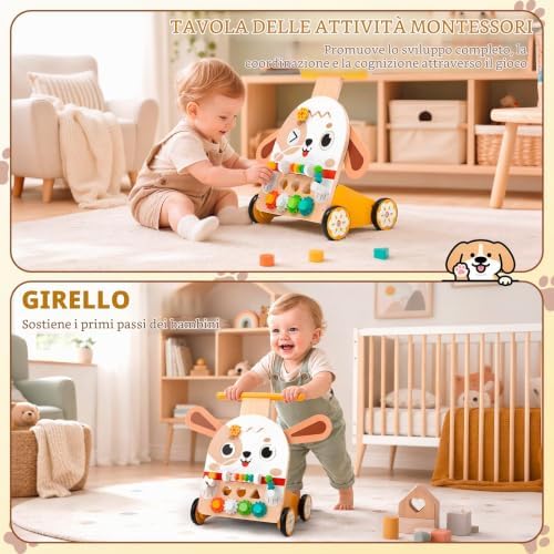 Carrello Primi Passi Legno Cane Montessori 6-in-1, Girello 1 Anno