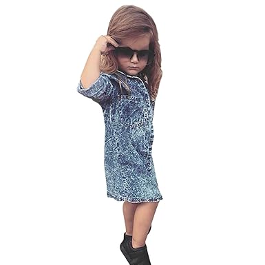 feiXIANG Kleinkind Dress jeanshemd Langarm Vintage Retro Rockabilly für Kinder mädchen Baby Mantel Lange