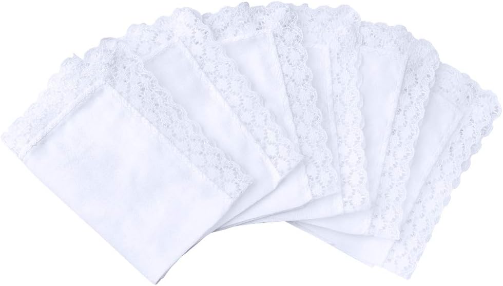 HOULIFELadies 100% 60S Cotton Handkerchiefs Womens Soft Solid Pure White Lace Hankies for Wedding Party DIY 6/12 Pieces 10x10/25x25cm
