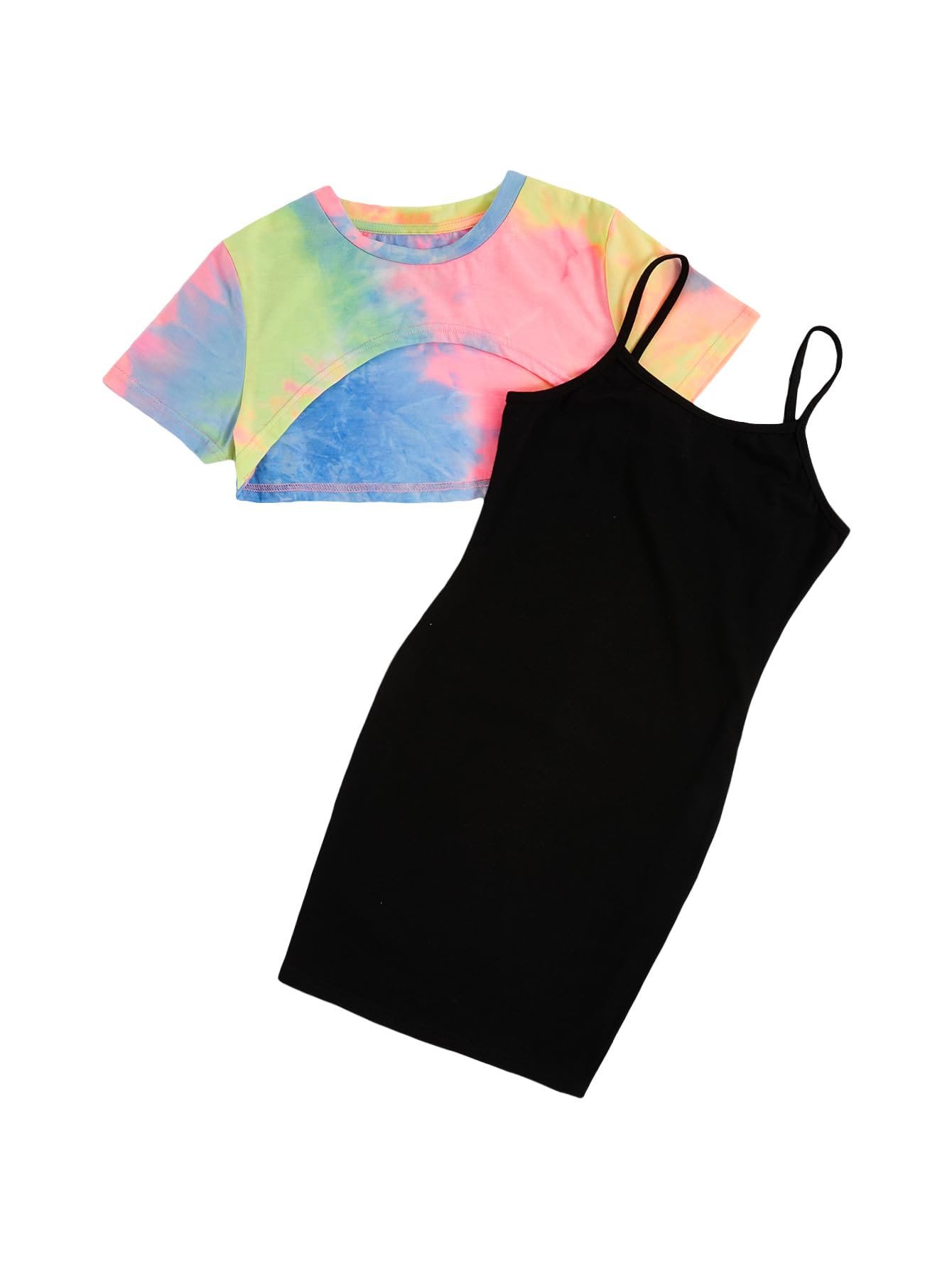 Photo 1 of SOLY HUX Girl's 2 Piece Outfits Short Sleeve Crop Top and Cartoon Print Cami Dress Set Black Printed 10Y