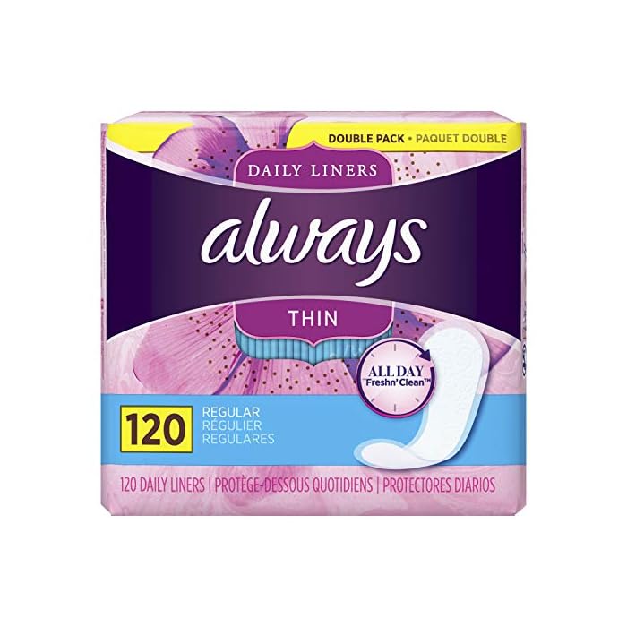Always Thin Daily Liners, Regular Absorbency, 120 Count, Unscented, Wrapped