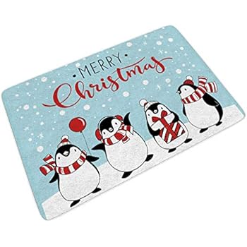 MC83 4 Sizes Christmas Penguins Door Mats Decor, Non Slip Outdoor/Indoor Mud Trapper - Merry Christmas for Holiday Ornament White 16x24 inch