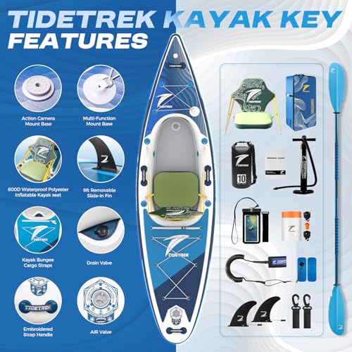 TIDETREK Inflatable Touring Kayak with Waterproof Seat & Premium Accessories, 11'3" x 35" x 8" Ultra-Stable SUP Kayak Hybrid, Non-Slip Comfort Deck for Adults & Youth