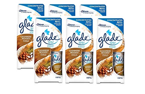 Glade Sense and Spray Concentrated Refill, Lasts For Weeks, Cashmere Woods, 0.43 Oz. Pack of 6 Refills.