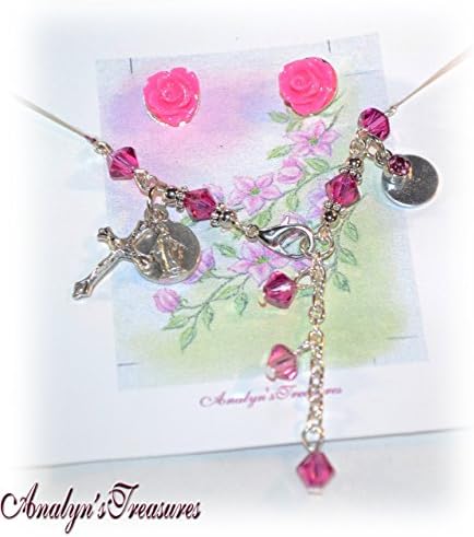 Little Girl Bracelet, Communion Bracelet, Rose Earrings Set, Flower Girl Bracelet, Rosary Bracelet, October Birthstone, October Rose, Hand Stamped, 6 1/2