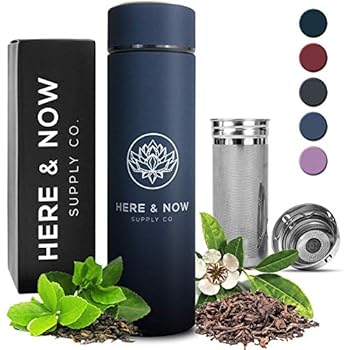 Multi-Purpose Travel Mug and Tumbler | Tea Infuser Water Bottle | Fruit Infused Flask | Hot & Cold Double Wall Stainless Steel Coffee Thermos | EXTRA LONG INFUSER | by Here & Now Supply Co. (Blue)