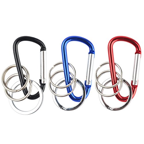 Mini Style Aluminum Alloy D Ring Shape Buckle with Key Ring Connectors, Mini Carabiner Style Keychain (Blue+Red +Black, 3pcs)