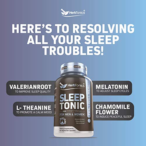 Sleep Aid Pills for Adults with Melatonin Natural Non-Habit Forming - Stress, Anxiety & Insomnia Relief Supplement - Herbal Sleeping Capsules with Suntheanine Valerian Root L-Theanine