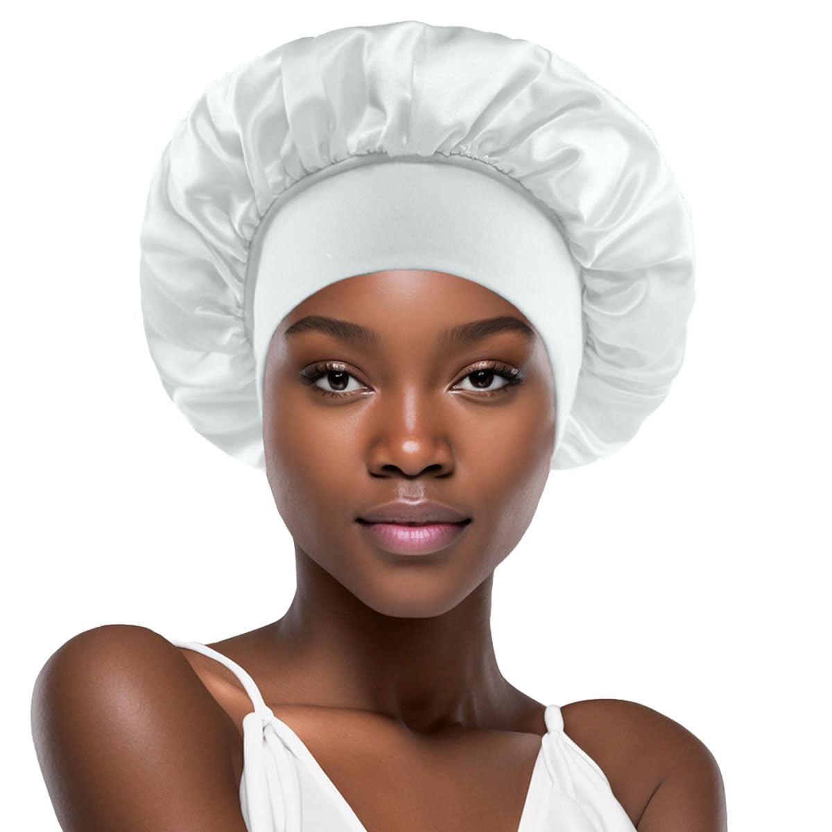Photo 1 of White Silk Bonnet for Sleeping Women Silk Hair Bonnet for Sleeping Curly Hair Braids Large Satin Sleep Cap Wide Band Night Caps
