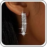 Aneneiceera Boho Crystal Drop Earrings Silver Rhinestone Long Dangle Earrings Vintage Cz Long Chain Earrings Wedding Chandeliers Earrings Jewelry for Women