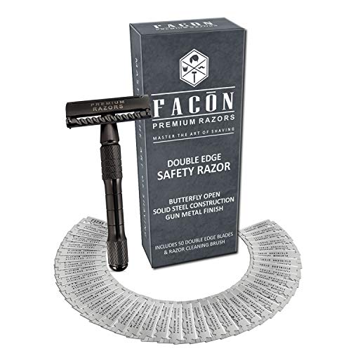 50 BLADES + Facón Classic Long Handle Double Edge Safety Razor Platinum Japanese Stainless