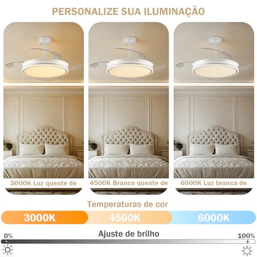 Ventilador de Teto Retrátil 42'' com Luz LED e Controle Remoto, Bivolt 110V/220V, Branco