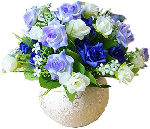Marryqueen Little Rose Living Room European-style Table Vase Simulation Flower Artificial Flower Silk Flower Home Decor Package Potted Floral Decorations (C-blue)