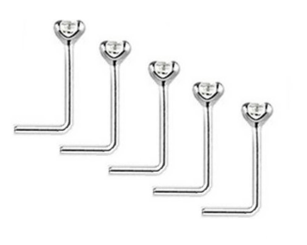 Clear Crystal Nose Studs PACK OF 5 STERLING SILVER Thin 0.6mm Bar L SHAPE (5x 2.5mm)