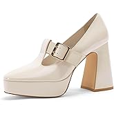 Coutgo Womens Chunky Platform Heels T Strap Mary Jane Pumps Buckle Wedding Dress Shoes Beige, 9.5