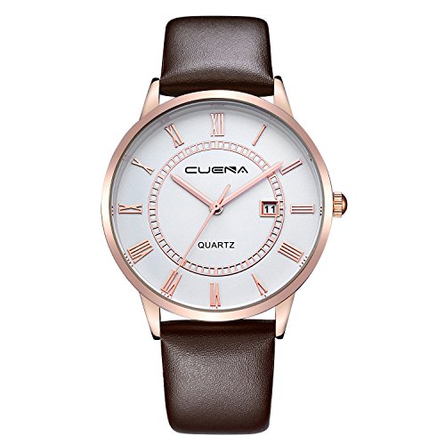 Yunanwa Mens Casual Classic Business Checkers Faux Leather Quartz Analog Wrist Watch Men's Band Sport Water Resistant (Brown + Gold Face)