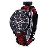 Yan's 7 in 1 Paracord Bracelet Watch with 3.6 meters Paracord Rope, Compass, Thermometer, Whistle, Rope Cutter, Fire Starter Scraper, Flint (Red-Black)