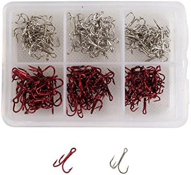 JRLGD 160pcs Silver Hooks, red Hooks,Carbon Steel Fishing Hook Mixed Size Sharp Treble Hooks with Plastic Box Fishing Tackle Tools Pesca
