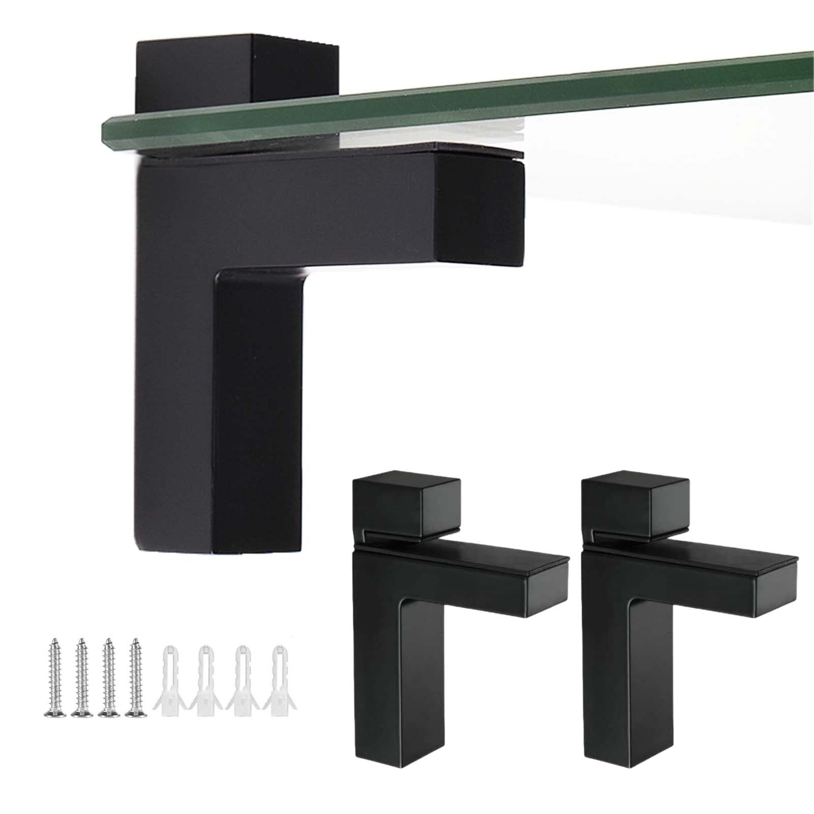 KMERCE 2 x Wall Glass Shelf Brackets, Adjustable Glass Clamp Wall Mounting, Floating Shelf Brackets, Shelf Brackets, for Glass and Wooden Shelves, 3-24 mm, Zinc Alloy, Black