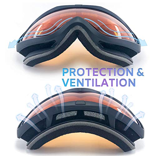 devembr OTG Ski Goggles Clear, Snowboard Goggles Anti-Fog,100% UV Protection,Anti-Slip Strap,Helmet Compatible Snow Goggles for Men & Women,Skiing Snowmobile Skating,Black Frame,Orange Lens (VLT 33%) - Thumbnail 3