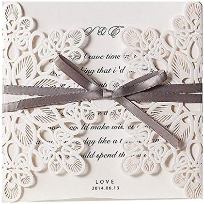JOFANZA Square Lace Wedding Invitations Cards Kit White Laser Cut Invites with Envelopes Elegant Bowknot Printable Marriage Engagement Bridal Baby Shower Quinceanera Invitations (1 Piece Sample)