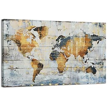 Kas Home Abstract Art - Large Vintage World Map - Gold Foil Canvas Prints Large Framed Wall Art Wall Paintings for Living Room Office Wall Decor (24 x 36 inch, World Map Framed)