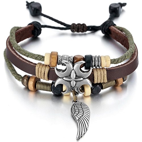 MOWOM Brown Alloy Genuine Leather Bracelet Bangle Rope Cross Angel Wing Surfer Wrap Braided Adjustable
