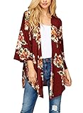 Sipaya Women Sheer Boho Floral Loose Kimono Cardigan Capes Cover up Blouse Burgundy XL