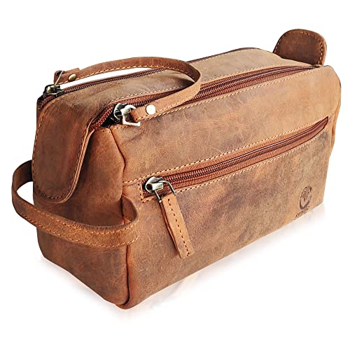 RUSTIC TOWN Buffalo Leather Toiletry Bag : Vintage Travel Shaving & Ditty Kit : for Toiletries, Cosmetics & More : Spacious Interior & Waterproof Lining : Compact, Fits Easily in Luggage