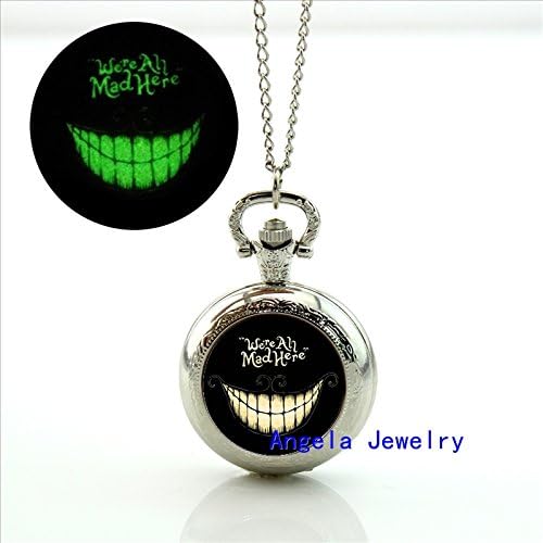 Pretty Lee Fashion Glow in The Dark Jewelry We're All Mad Here Glowing Pocket Watch Necklace Smile Jewelry
