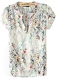 Women European V Neck Floral Print Short Sleeve Chiffon Shirt Top Blouse
