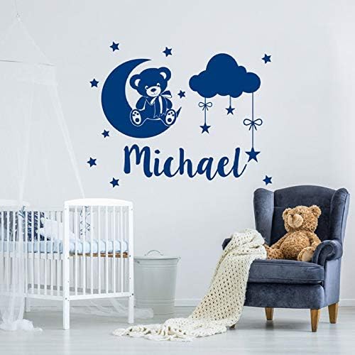 wukongsun Custom Boy's Name Wall Decal Teddy Bear Vinyl Sticker Bear Moon Star Personalized Cloud Applique Star Bedroom Decor Blue 54x42cm