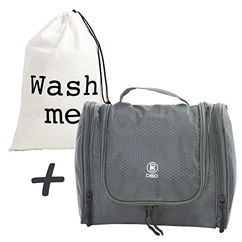 Toiletry Bag; Hanging Travel Organizer Kit for Cosmetics, Makeup,
Toiletries, Shaving, Jewelry, in 3 Colors, Fold-Out Travel Bag with
Mesh and Zippers Plus Laundry Bag in a Gift Bag, By DBD;