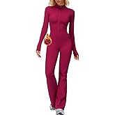 AEEZO Womens Fleece Lined Workout Flared Jumpsuits Zip Up Thermal Yoga Rompers Sexy Wide Leg One Piece Bodysuit
