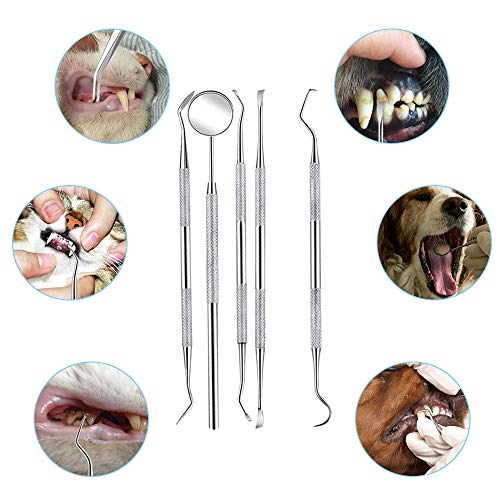Sonku 6 Pcs Pet Tooth Scaler Tool Kit, Stainless Steel Pet Teeth Cleaning Tool Double Header Tartar Remover/Tweezer/Scrapers/Dental Mirror with 2 Pcs Finger Toothbrushes for Dogs and Cats