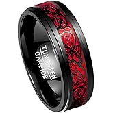 TUNGSTORY 8mm Black Tungsten Rings for Men Celtic Dragon Wedding Ring with Blue/Green Carbon Fiber/Red Opal Paper Inlay Comfort Fit Size 5-14