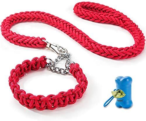 HIPIPET Highly Reflective Dog Leash and Collar Set Braided Explosion-Proof Rope Chain for Large Dogs