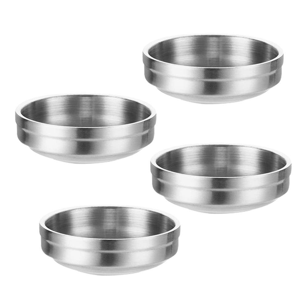 4PCS Double-Deck Mini Stainless Steel Sauce Dish, Round Seasoning Bowls, Sushi Dipping Pinch Bowl Saucers, Salad Dressing Plates for Appetizer, Side Dish, French Fries, Ketchup (3.5oz, Silver)