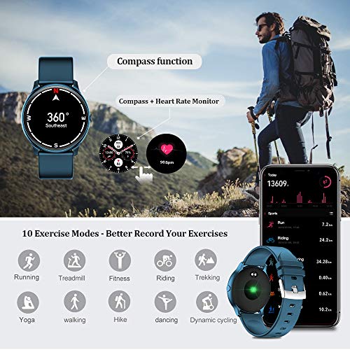 Evershop Smart Watch with Heart Rate Monitor Compass for Men Women, IP68 Waterproof Fitness Tracker with Sleep Tracker Pedometer Compatible for Android Phones&iPhone (Marina Blue)