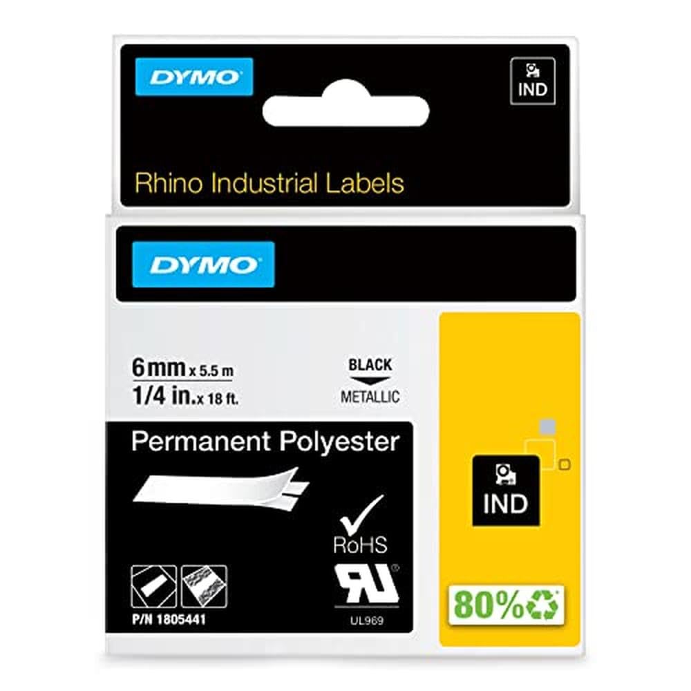 DYMO Rhino Industrial Vinyl Labels | 24 mm x 5.5 m | Black Print on Metallic | Self-Adhesive | for Rhino & LabelManager Label Makers