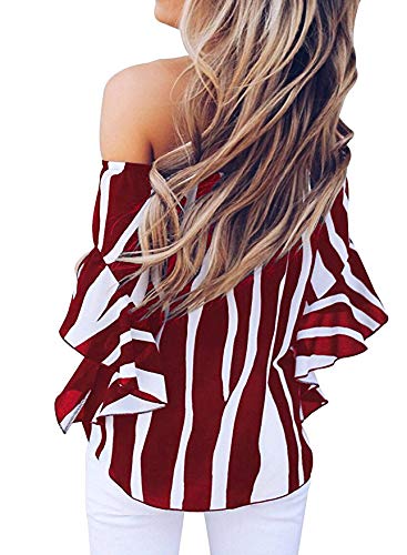 LuckyMore Womens Striped Off Shoulder Bell Sleeve Shirt Tie Knot Summer Blouses Tops (M, Wine Red) - Thumbnail 2