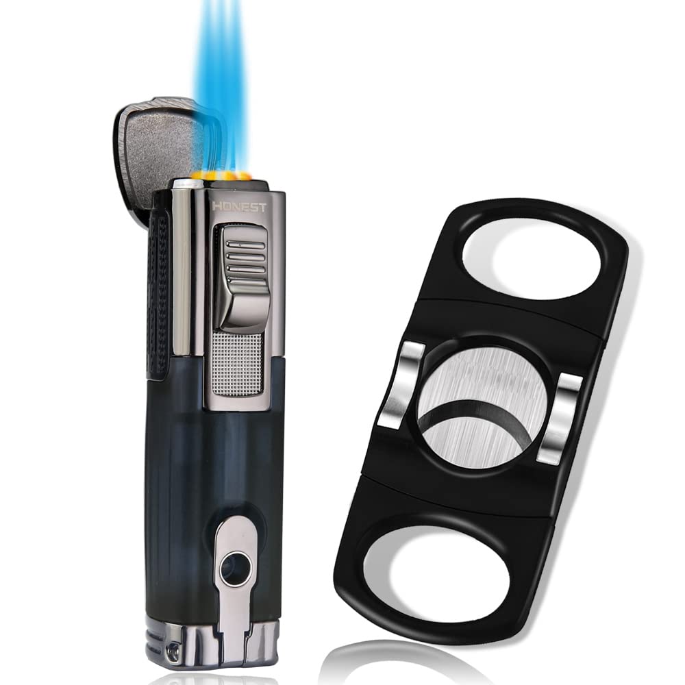 PROMISE Triple Jet Flame Refillable Butane Lighter with Cigar cutter Lighter gift set - Butane Not Included (Black+Cutter)