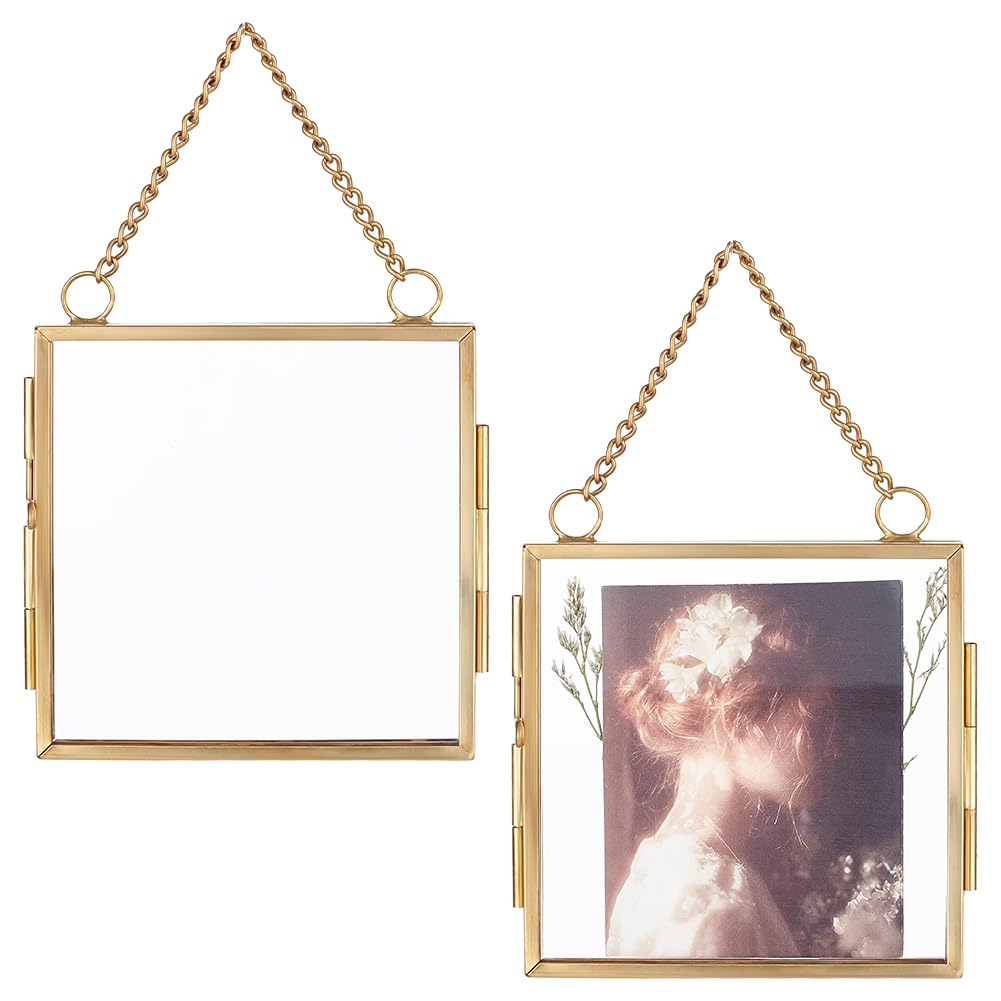 OLYCRAFT 2 Pcs Wall Hanging Mini Photo Frames Double Glass Picture Frame with Chain Alloy Folding Frame DIY Vintage Artwork Display Frames for Pressed Flowers Pictures Home Wall Decor - 8.9x8.9cm