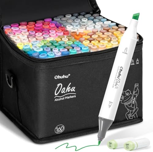 Ohuhu - Marcadores Alcohol Art, juego de rotuladores a base de alcohol de doble punta para niños y adultos, libro de colorear, ilustración de bocetos, 160 colores únicos, 1 batidora de marcadores con alcohol y 1 estuche de almacenamiento de marcadores, cincel y fino