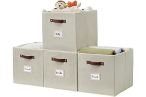DECOMOMO Storage Baskets 13x15x13 Storage Cube Bins with Label Holders, Kallax Storage Cubes for Organizing Shelves Nursery Toy (Kallax / 4pcs, Beige)