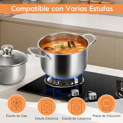 MEKOTRIN Cookware Set 8 Pieces 304 Stainless Steel, Induction Pots and Pans Set with Glass Lids, Multi-Layer Saucepans for All Kitchens, Easy Cleaning