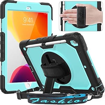 Timecity New iPad 7th Generation Case (iPad 10.2 Case 2019) with Screen Protector Pencil Holder Rotating Kickstand Hand/Shoulder Strap.Rugged Durable Tablet Cover for iPad 10.2 inch-Black+Light Blue